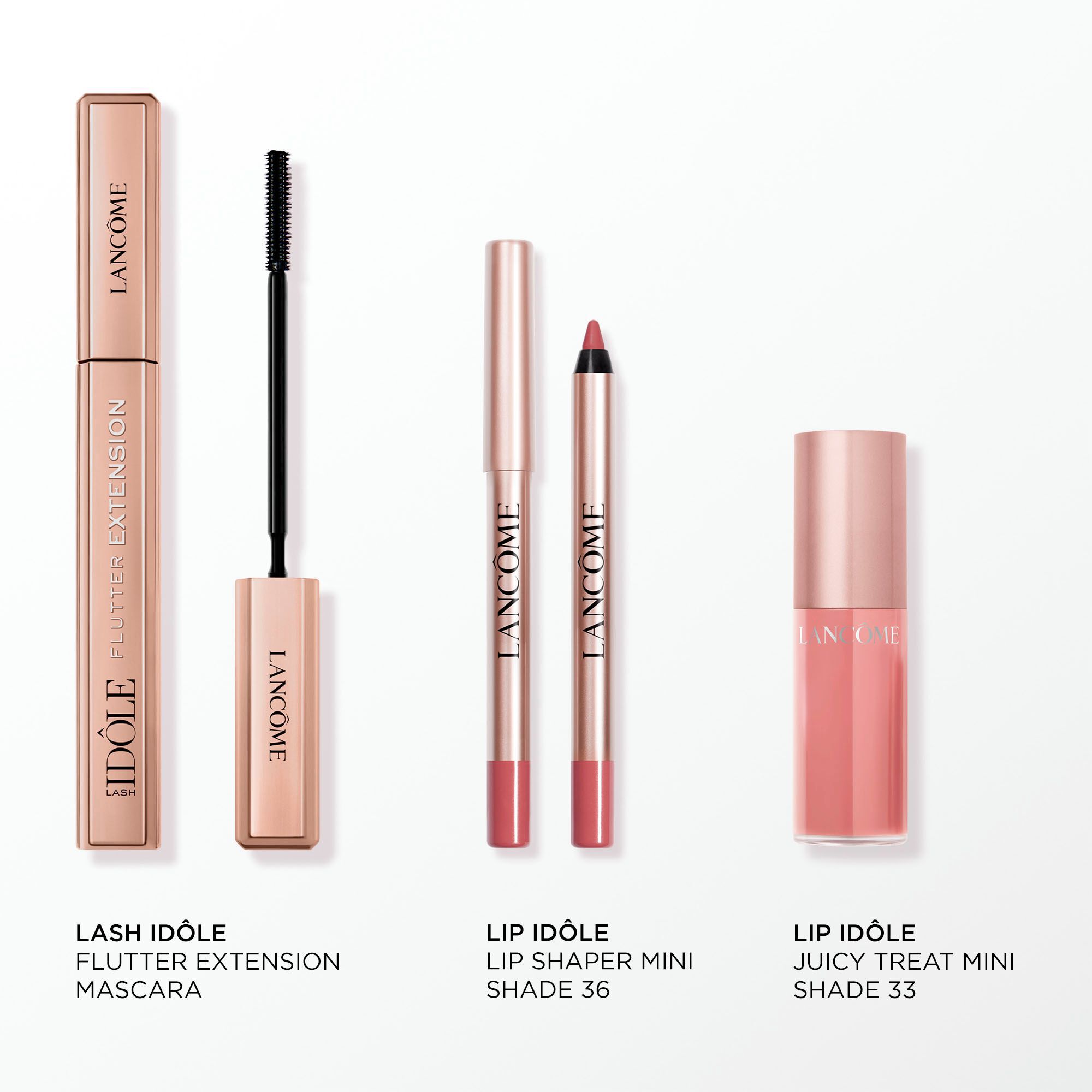Image of the following products on a white background: FULL SIZE LASH IDOLE FLUTTER EXTENSION MASCARA - LIP IDOLE LINER 36 MINI - JUICY TREAT 33 MINI 