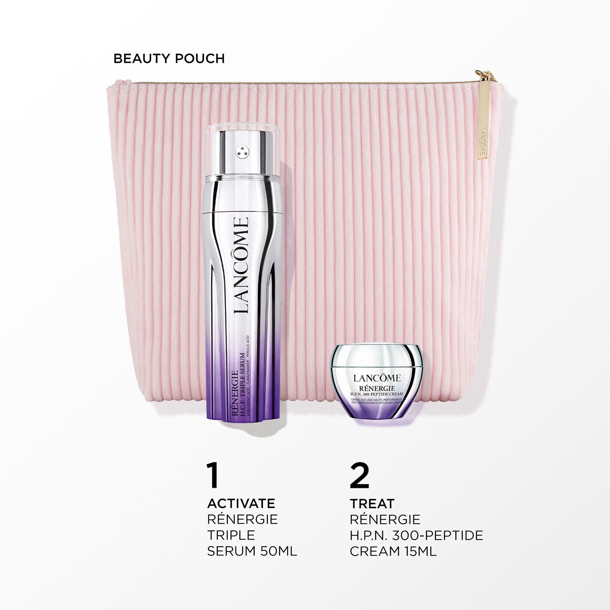 Image of the following products on a white background:- RENERGIE H.C.F TRIPLE SERUM 50ML - RENERGIE H.P.N 300-PEPTIDE CREAM 15ML - BEAUTY POUCH