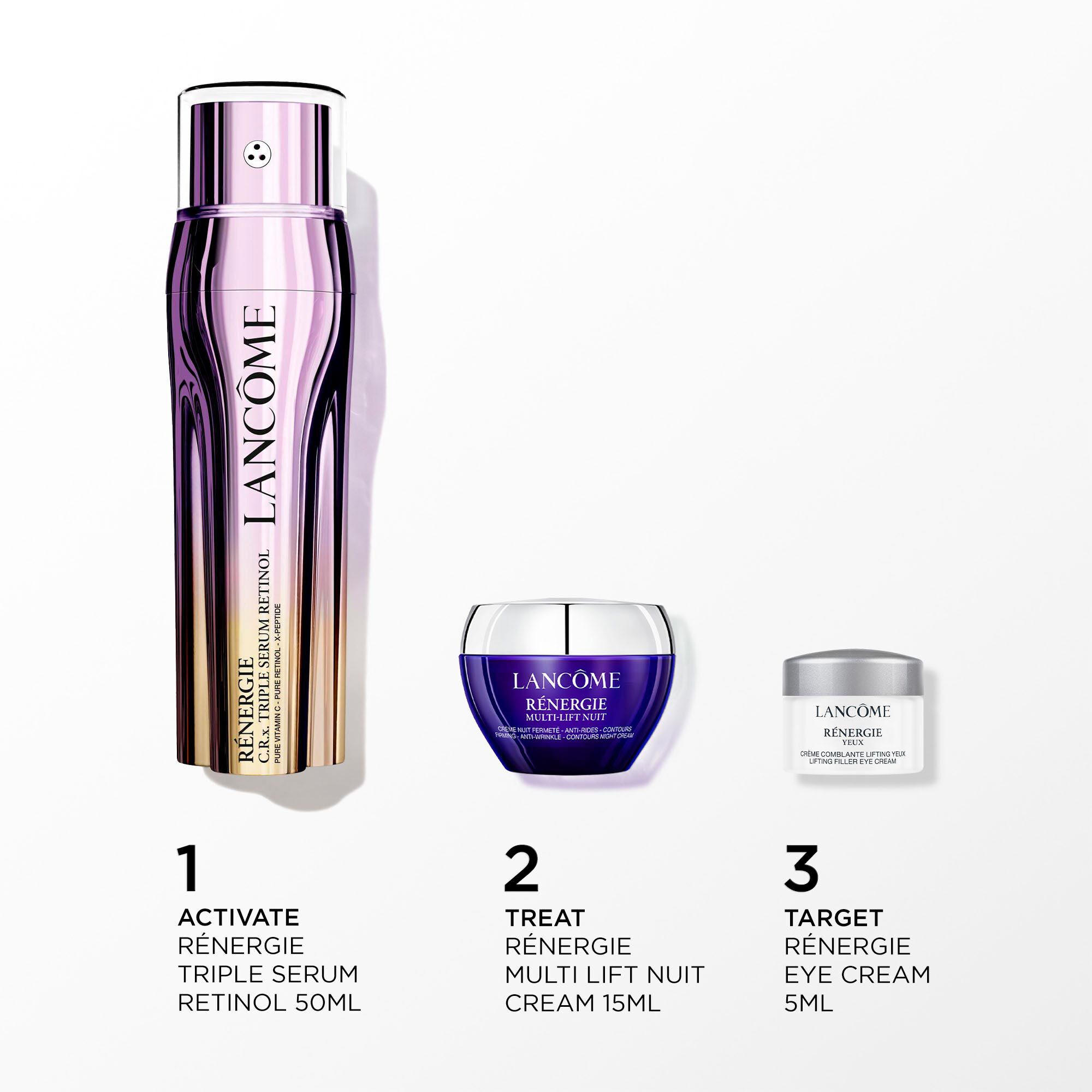 Image of the following products on a white background: - RENERGIE C.R.X TRIPLE SERUM RETINOL 50ML - RENERGIE MULTI LIFT NUIT CREAM 15ML - RENERGIE EYE CREAM 5ML MINI