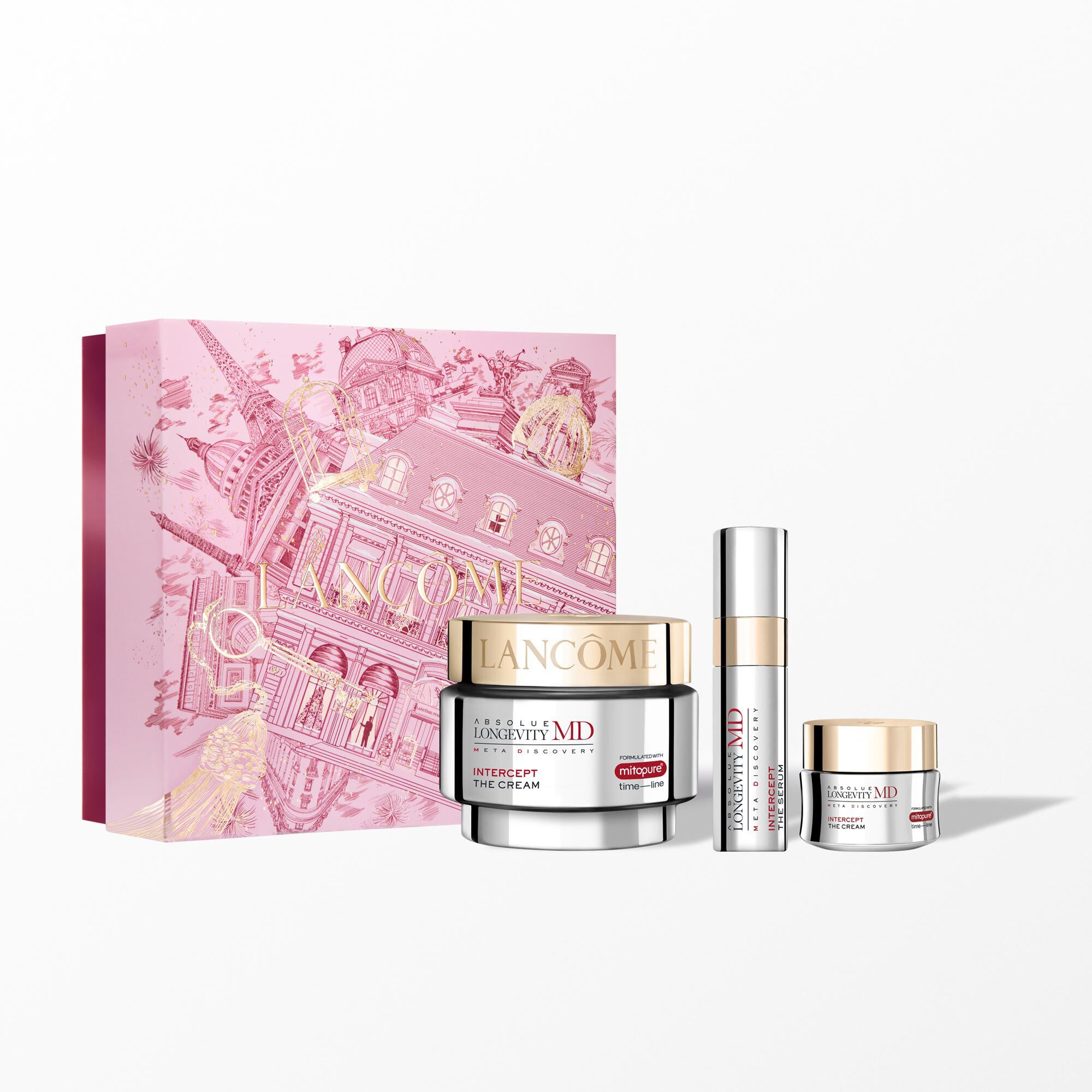 Absolue MD holiday set containing: - ABSOLUE LONGEVITY MD INTERCEPT CREAM 50ML - ABSOLUE LONGEVITY MD INTERCEPT CREAM 15ML MINI - ABSOLUE LONGEVITY INTERCEPT SERUM 10ML