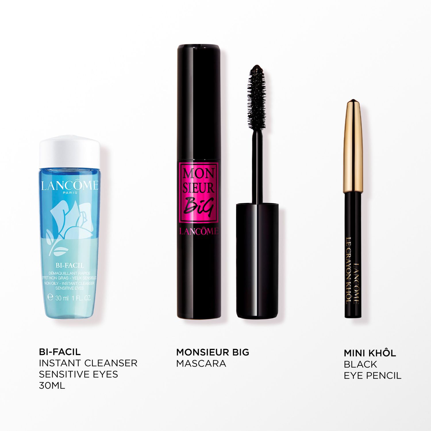 Image of the following products on a white background: FULL SIZE MONSIEUR BIG MASCARA - MINI CRAYON KHOL LINER - BI FACIL EYE 30ML
