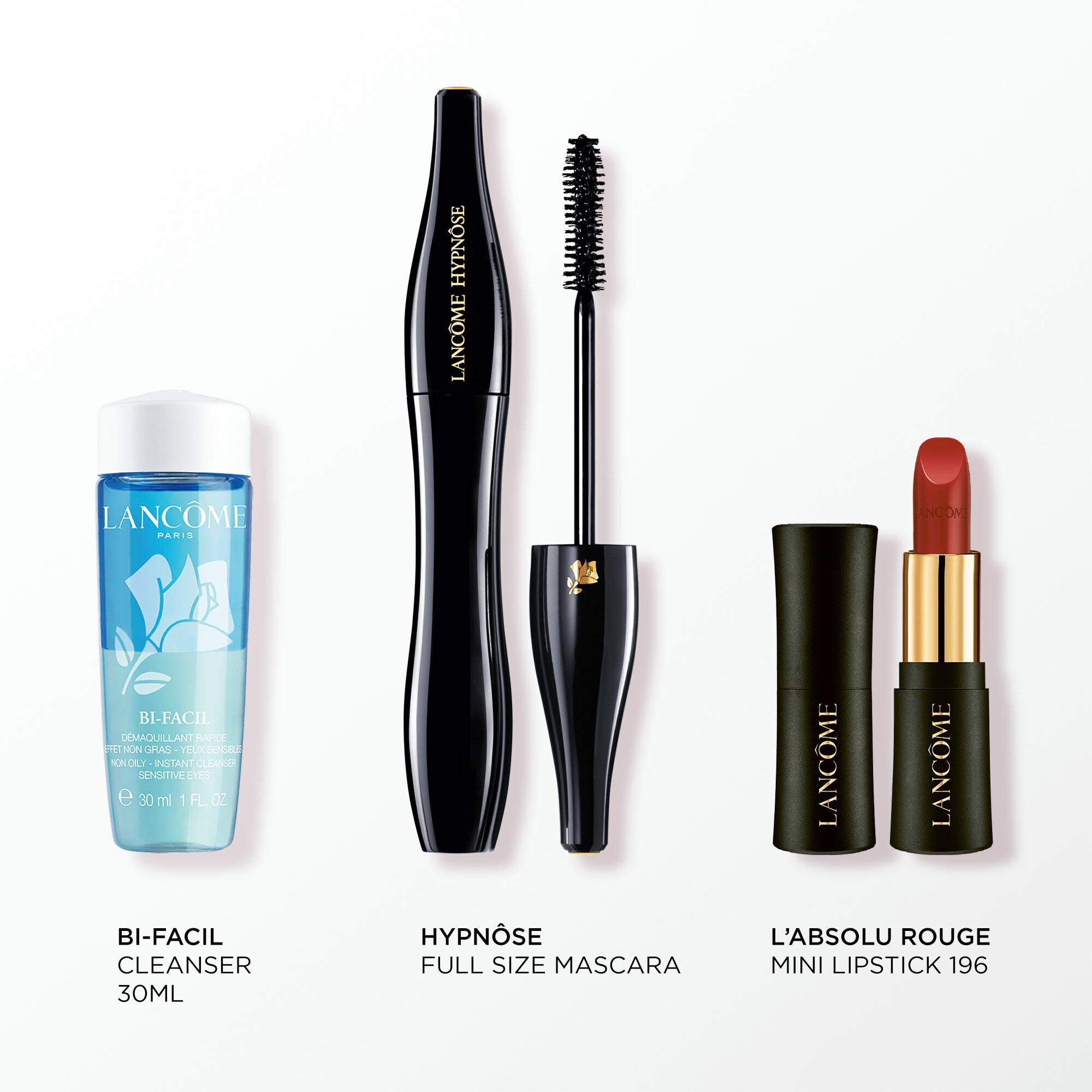 Image of the following products on a white background: FULL SIZE HYPNOSE MASCARA - BI FACIL EYE 30ML - L'ABSOLU ROUGE CREAM 196 MINI