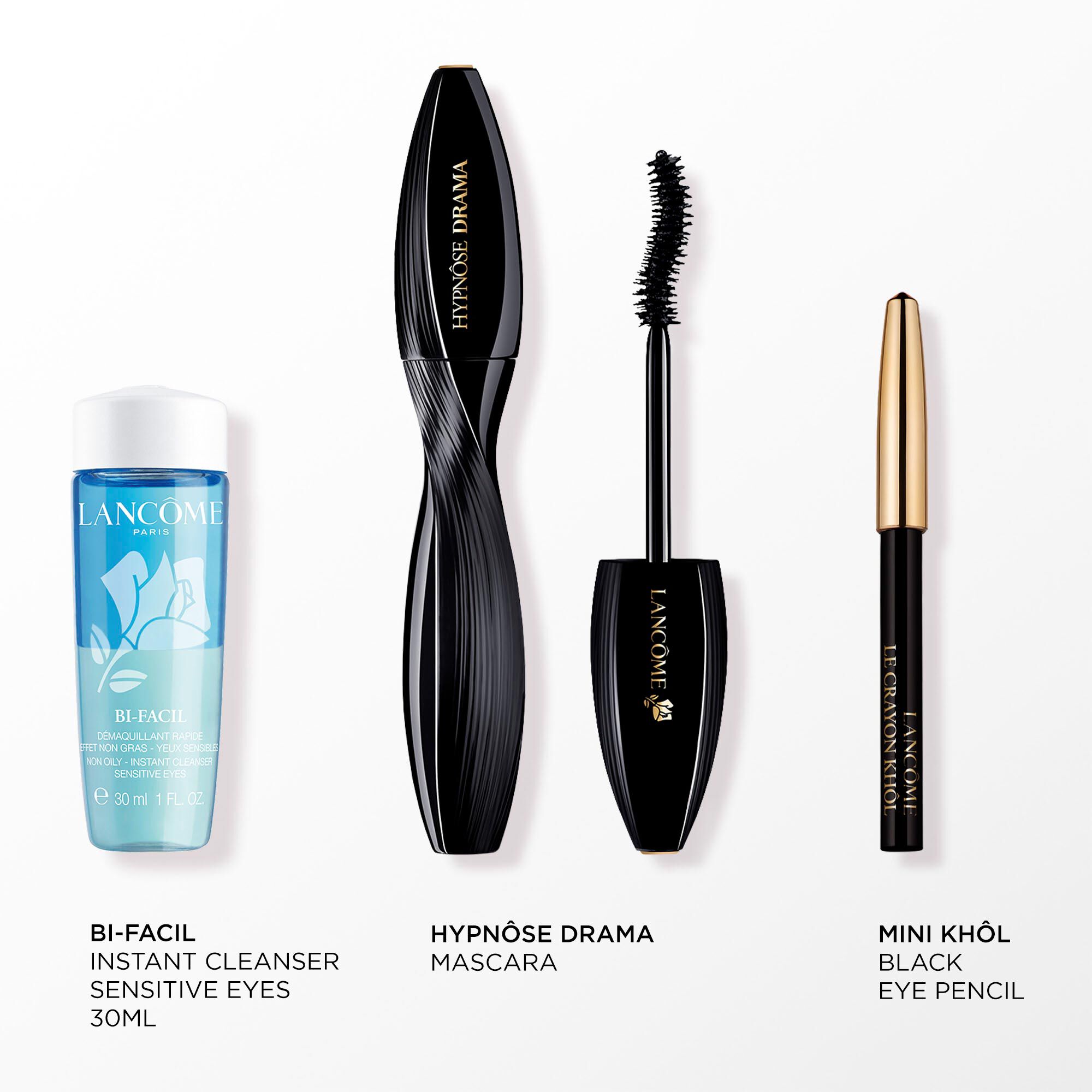 Image of the following products on a white background: FULL SIZE HYPNOSE DRAMA MASCARA - MINI CRAYON KHOL LINER - BI FACIL EYE 30ML