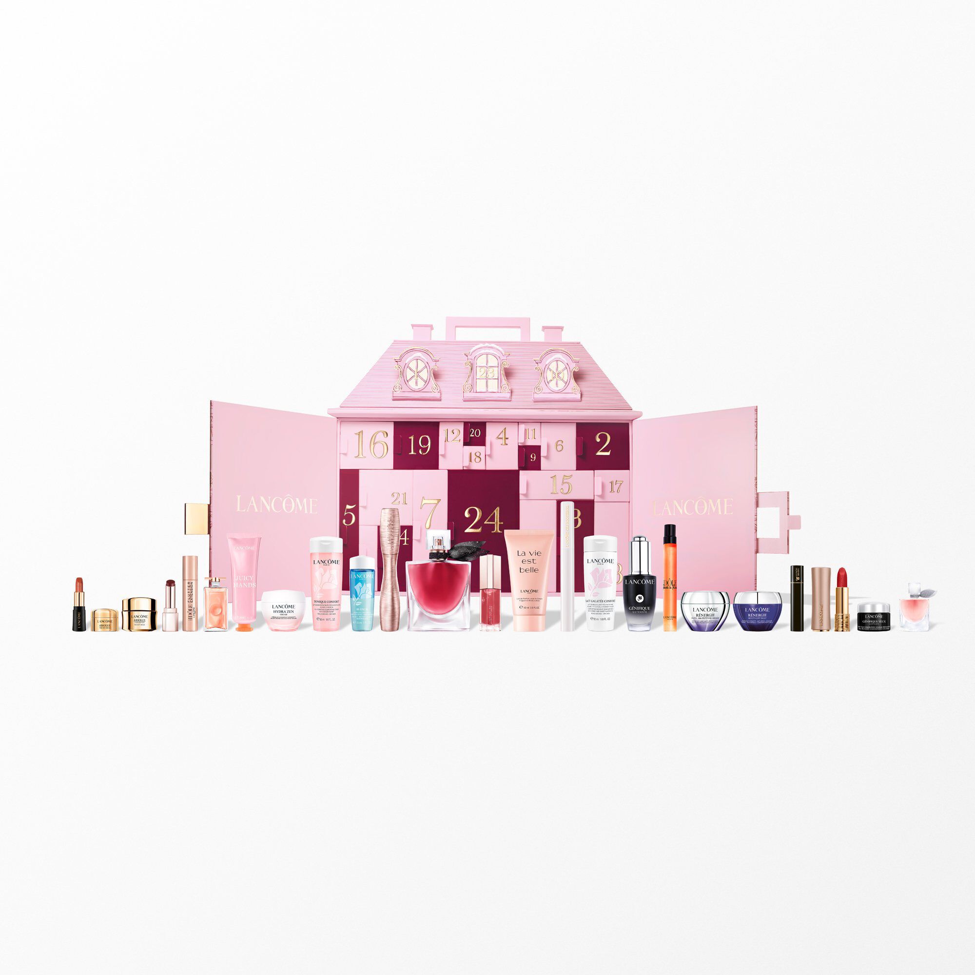 A pink Lancome advent calendar shaped like a townhouse with beauty products displayed in front.