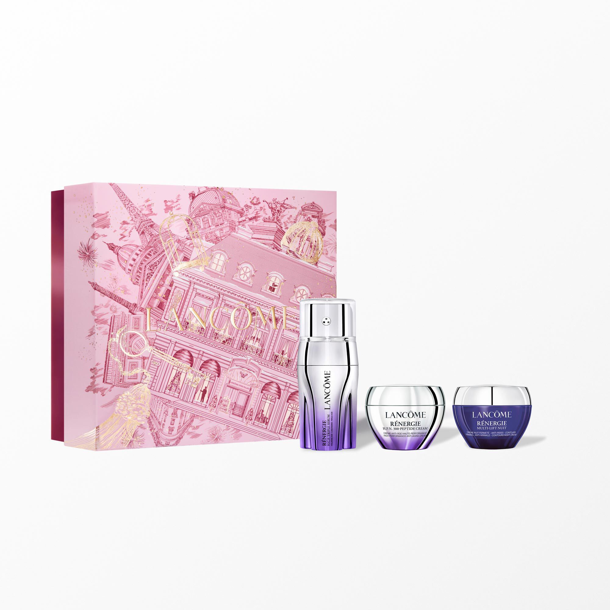 Renergie holiday set containing: - RENERGIE H.C.F TRIPLE SERUM 20ML - RENERGIE H.P.N 300-PEPTIDE CREAM 15ML - RENERGIE MULTI LIFT NUIT CREAM 15ML