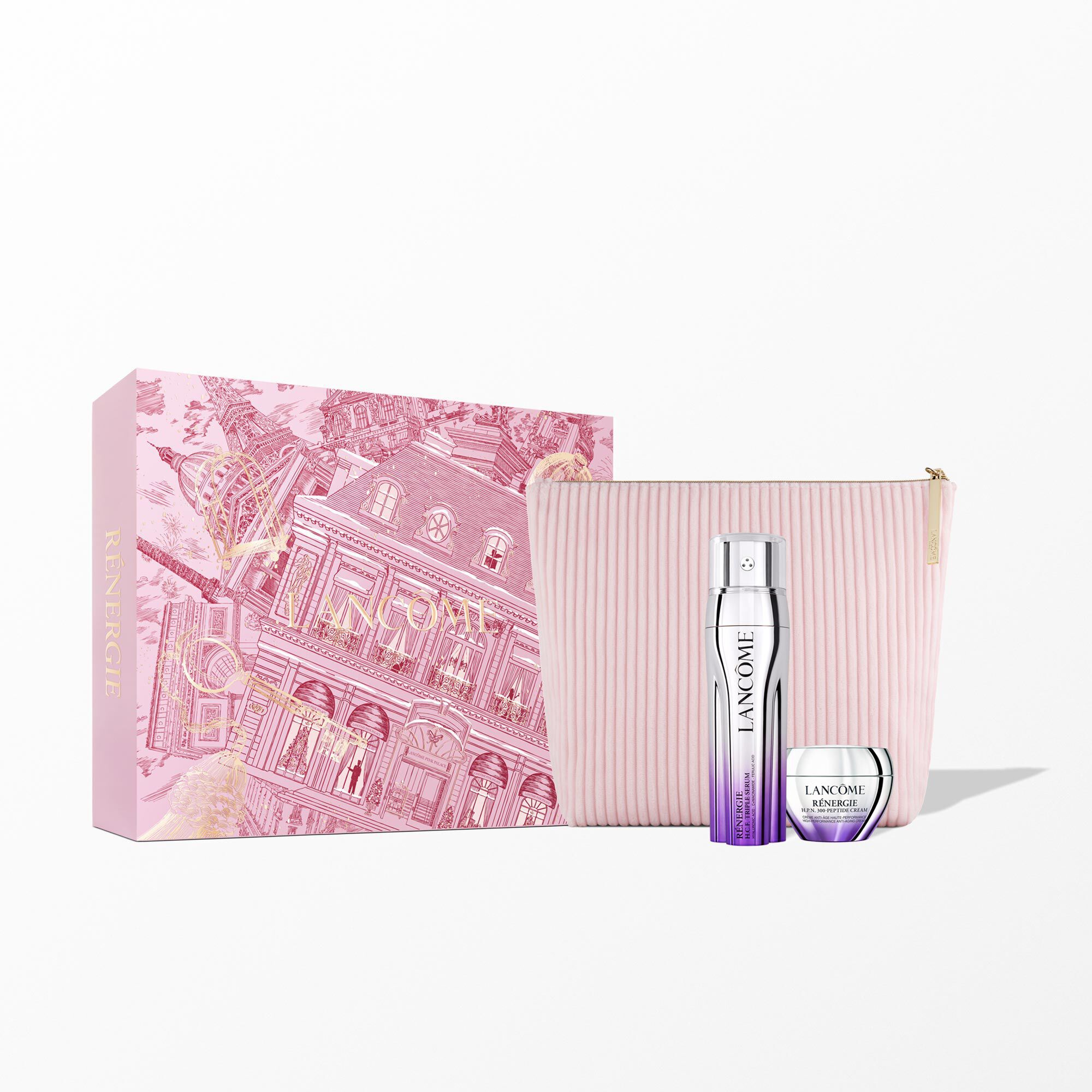 Renergie holiday set containing: - RENERGIE H.C.F TRIPLE SERUM 50ML - RENERGIE H.P.N 300-PEPTIDE CREAM 15ML - BEAUTY POUCH