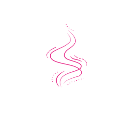 A stylized design featuring flowing pink lines with dots, set against a black background.