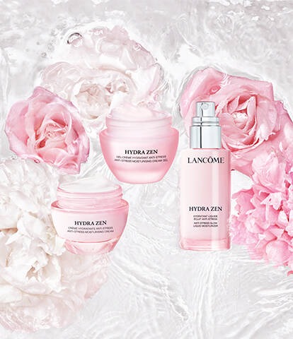 Image of Lancome's Hydra Zen skincare line, featuring two cream jars and a serum bottle surrounded by pink roses and peonies, set against a water-like background.