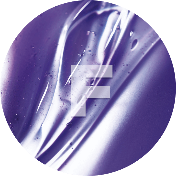 Abstract purple fluid with a glossy texture and a stylized white 'F' in the center.