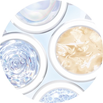 Various cosmetic gel textures in round containers, showcasing clear, blue, and beige formulations against a light background.