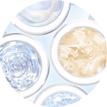 Various cosmetic gel textures in round containers, showcasing clear, blue, and beige formulations against a light background.