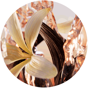 A close-up of an elegant floral sculpture featuring delicate petals and flowing, abstract forms in warm tones.