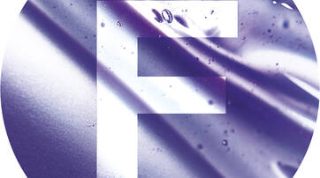 A circular graphic featuring a large, white letter "F" overlaying a textured, purple background with bubbles and reflective surfaces.