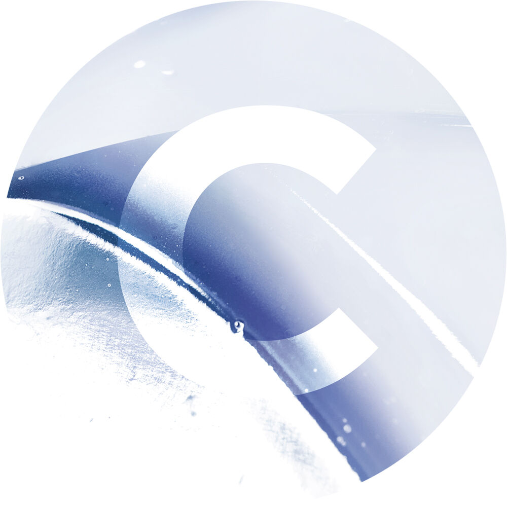 Abstract image featuring a smooth, curved surface with a gradient of blue tones, overlaid with a large white letter "C" in the center.