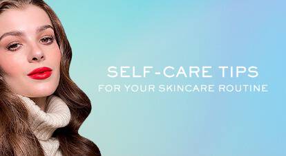 A woman with long, wavy hair wearing a cream-colored sweater, smiling at the camera. The background features a gradient of soft blue and green hues, with the text "SELF-CARE TIPS FOR YOUR SKINCARE ROUTINE" prominently displayed.
