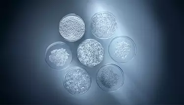 Seven petri dishes, arranged in a circle, containing various white and clear granular or flake-like substances, against a dark blue and white background.