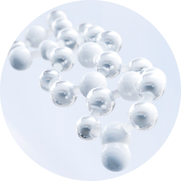 A close-up of a molecular structure featuring interconnected spheres representing atoms, set against a light background.