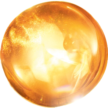 A glowing, translucent orange orb with shimmering light reflections, showcasing an ethereal, swirling pattern inside.