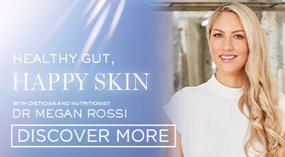 A promotional image featuring Dr. Megan Rossi, a dietitian and nutritionist, with the text "Healthy Gut, Happy Skin" and a call to action to "Discover More." The background has a soft, radiant aesthetic.