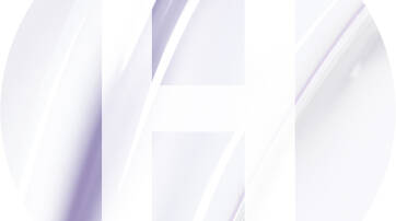 A circular design featuring a large, white letter "H" overlaid on a soft, abstract background of pale colors and smooth curves.