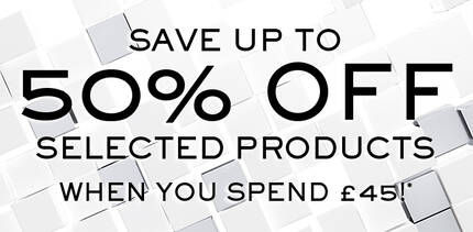 Promotional banner announcing up to 50% off selected products with a minimum spend of £45.