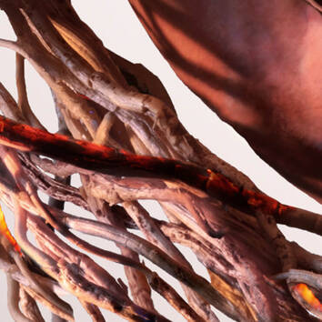 Close-up of intricate, intertwined wooden branches with a glossy, molten-like surface, highlighting organic textures and colors.